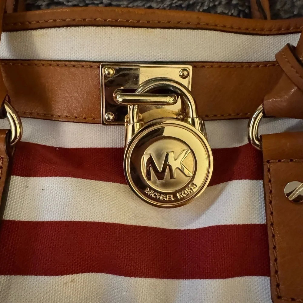 MICHAEL KORS Red and White Striped Hamilton Bag